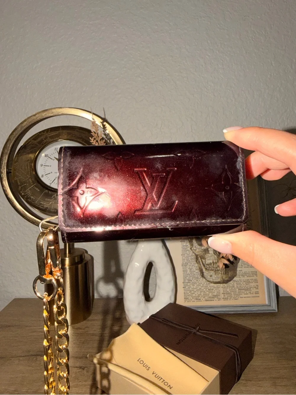 Louis Vuitton Burgundy Vernis Monogram Key Pouch with Gold Chain